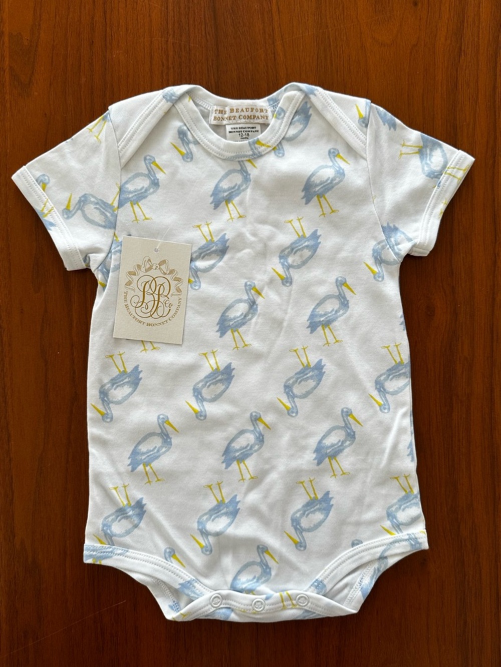 NWT TBBC The Beaufort Bonnet Company Walt Onesie in Sir Proper Stork size 12-18m